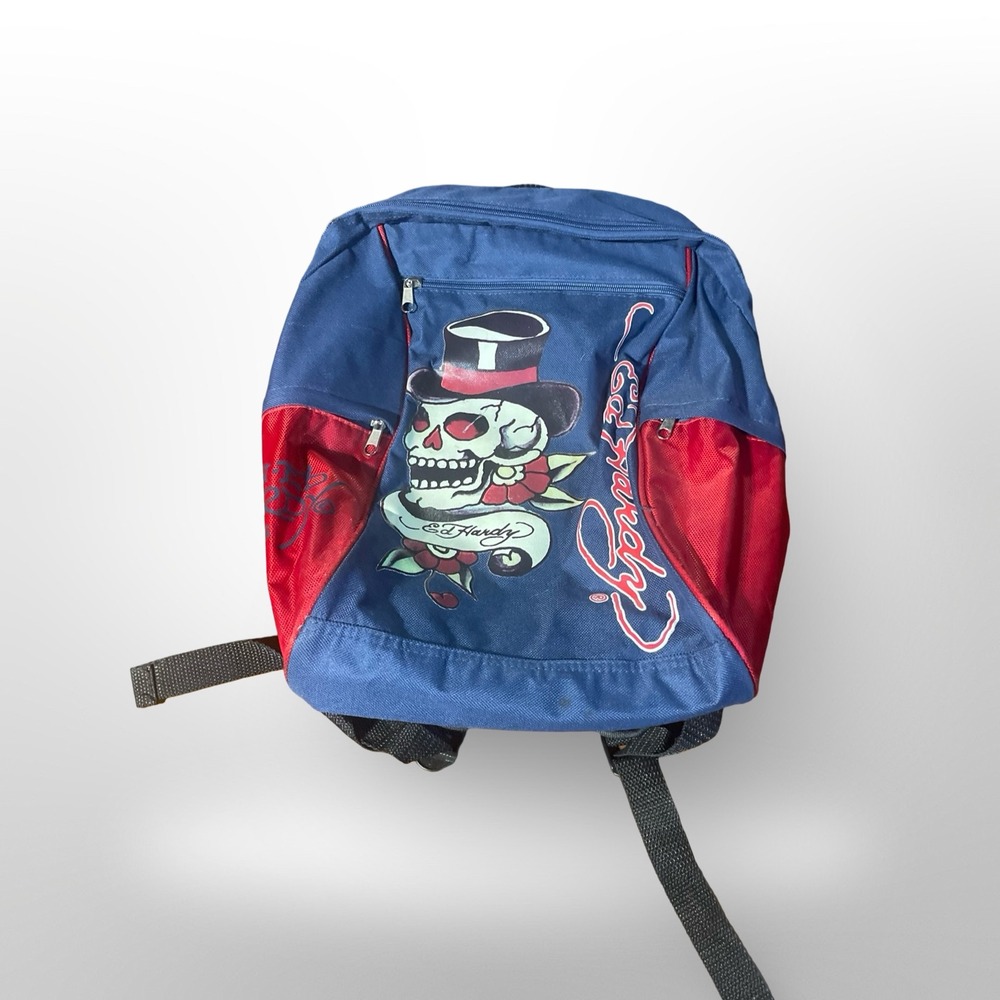 Ed Hardy Skull‎ Backpack Bag Blue Red Top Hat Rose y2k whismygoth Colorful emo
